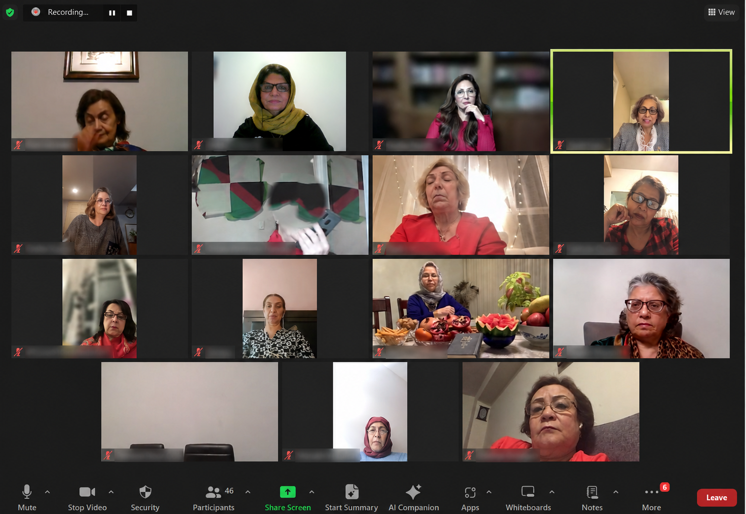 Online community learning session with participant names blurred for privacy