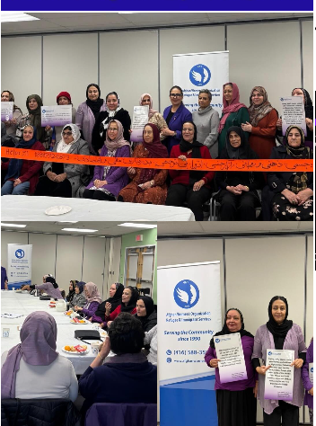 Collage of AWO community members sharing awareness messages and participating in a group session